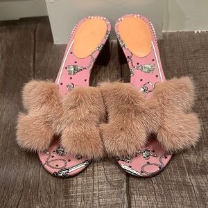 Limited addition hard to find Hermes Pink Fur Slide Mules